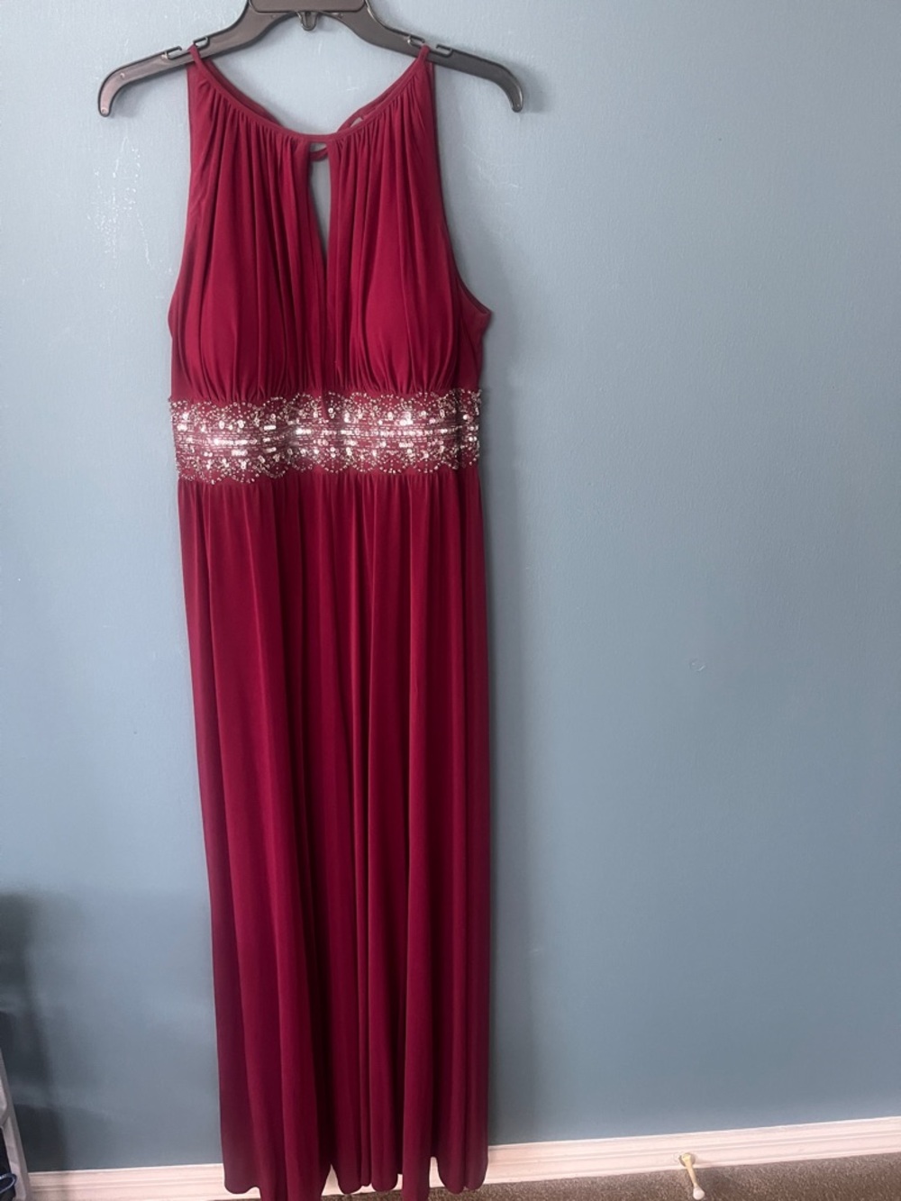 R&M Richards Burgundy Halter Evening Gown with Sequin Waist